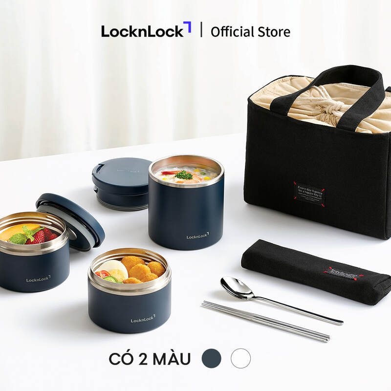 LHC8011S01 - Bộ hộp cơm giữ nhiệt LocknLock Pump One-Touch Vacuum Lunch box (330ml*2, 530ml*1, bộ đũa v&agrave; th&igrave;a, t&uacute;i) - M&agrave;u Trắng/M&agrave;u xanh navy image number null